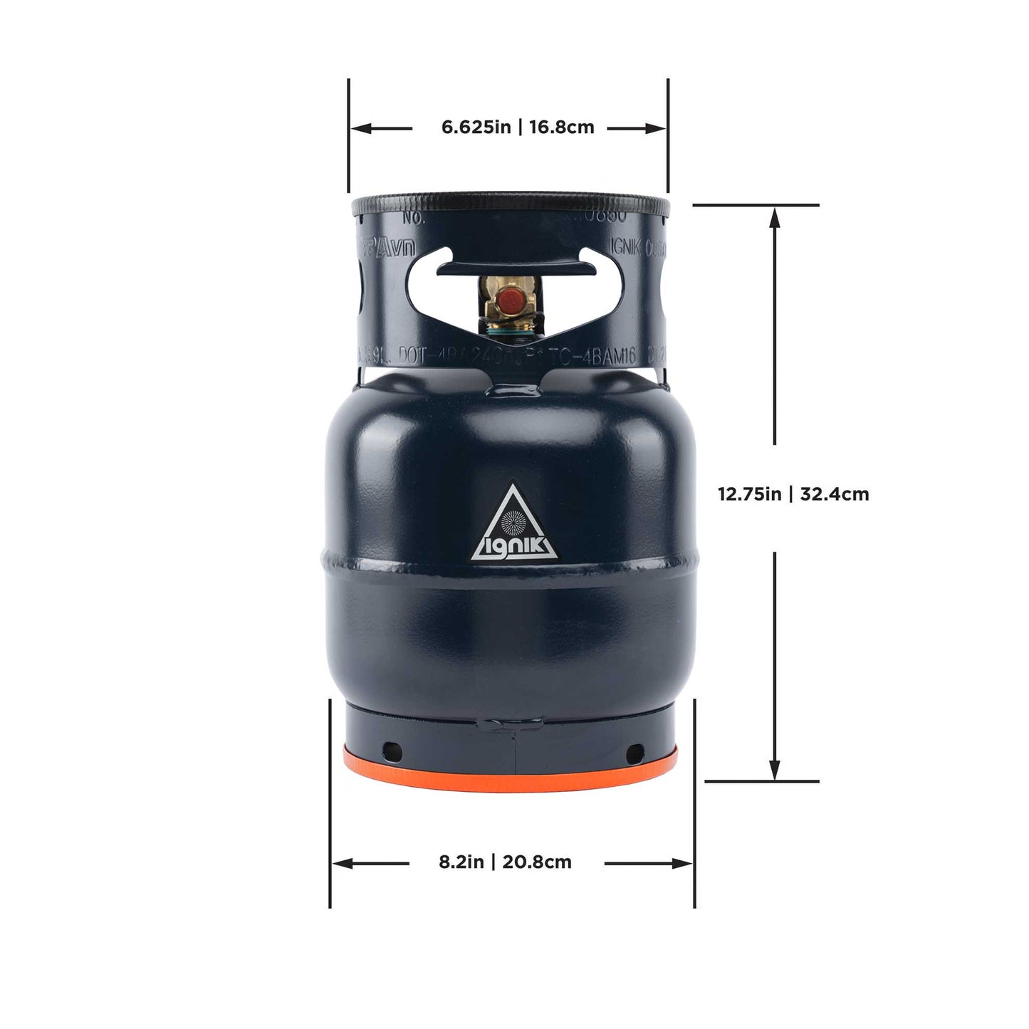 Gas growler dimensions diagram with height and diameter measurements