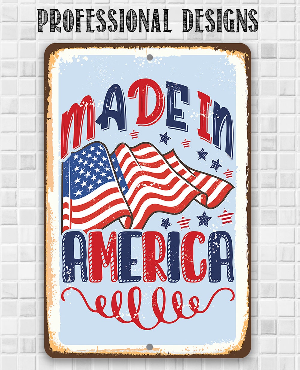 Rectangular metal wall sign with U.S. flag and Made in America lettering