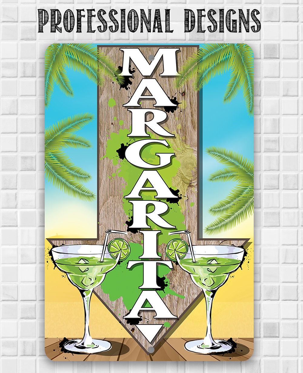 Directional metal sign with two green margarita glasses and vertical MARGARITA text