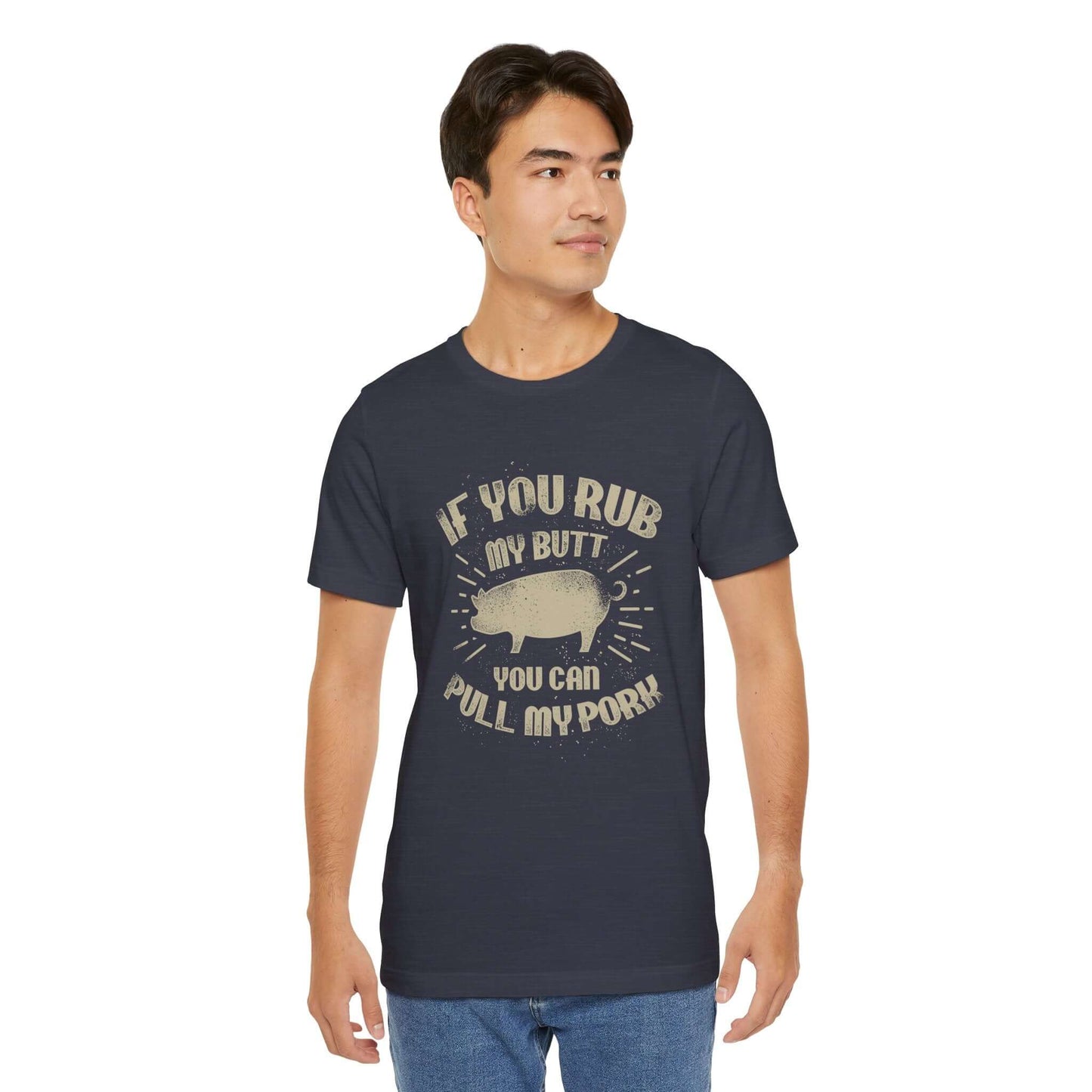 Heather midnight navy BBQ T-shirt with centered pig graphic and quote-style lettering