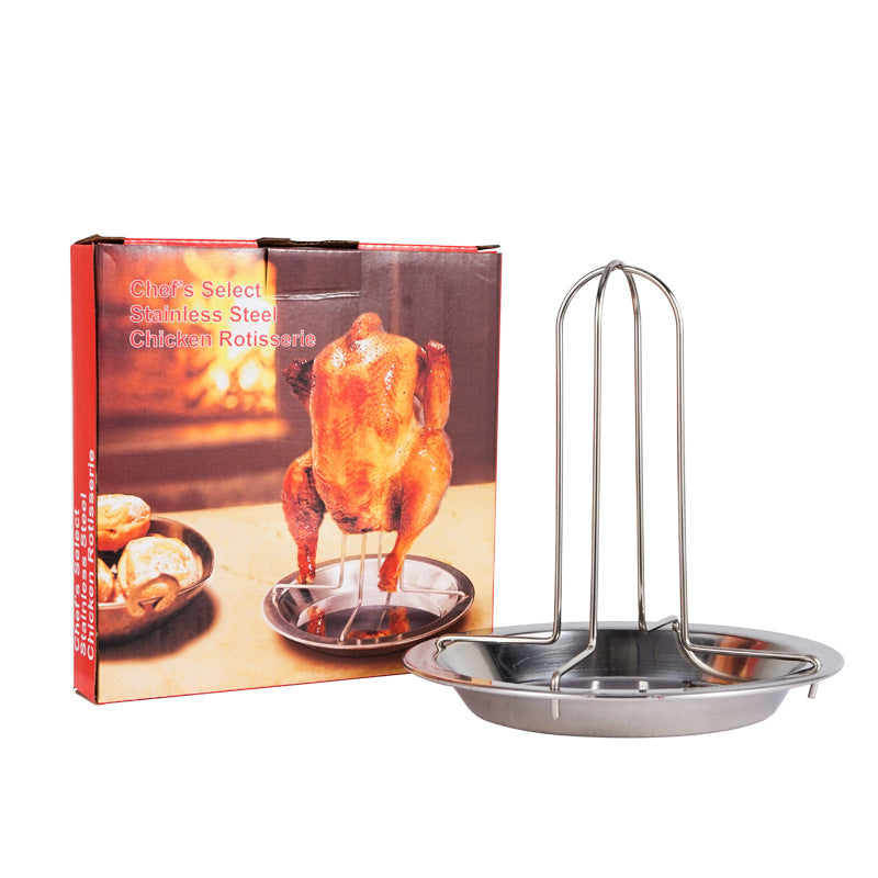 Chicken roaster set with roasting pan, chicken rack, and metal handles; boxed