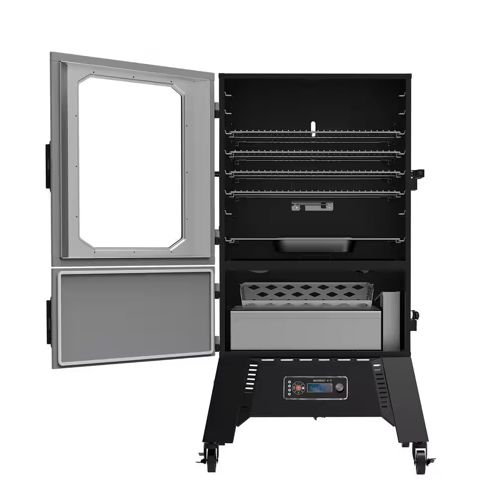 Digital charcoal smoker with open door showing racks and charcoal firebox insert