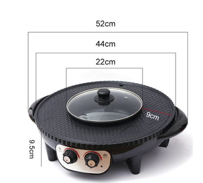 Black electric BBQ hot pot with glass lid and dual control knobs, size labeled