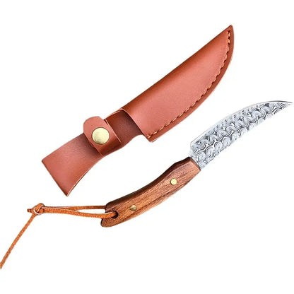 Meat scimitar knife with brown leather sheath and damascus-pattern blade, leather tie included