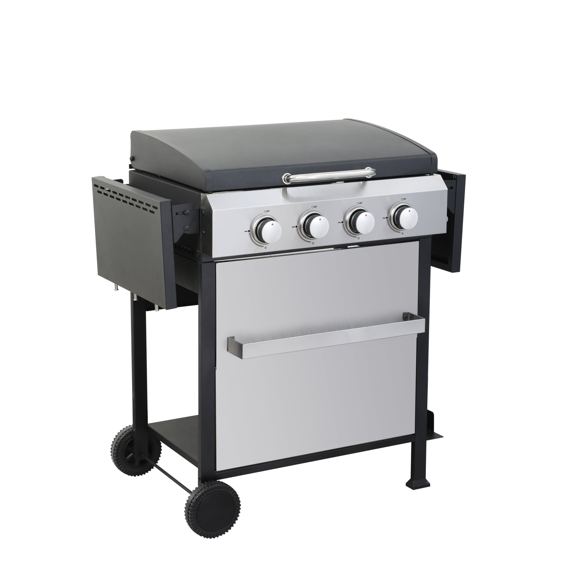 Propane gas BBQ grill with lid, side shelves, four control knobs, and caster wheels