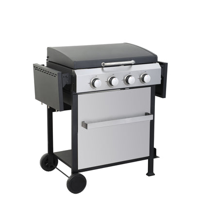 Propane gas BBQ grill with lid, side shelves, four control knobs, and caster wheels