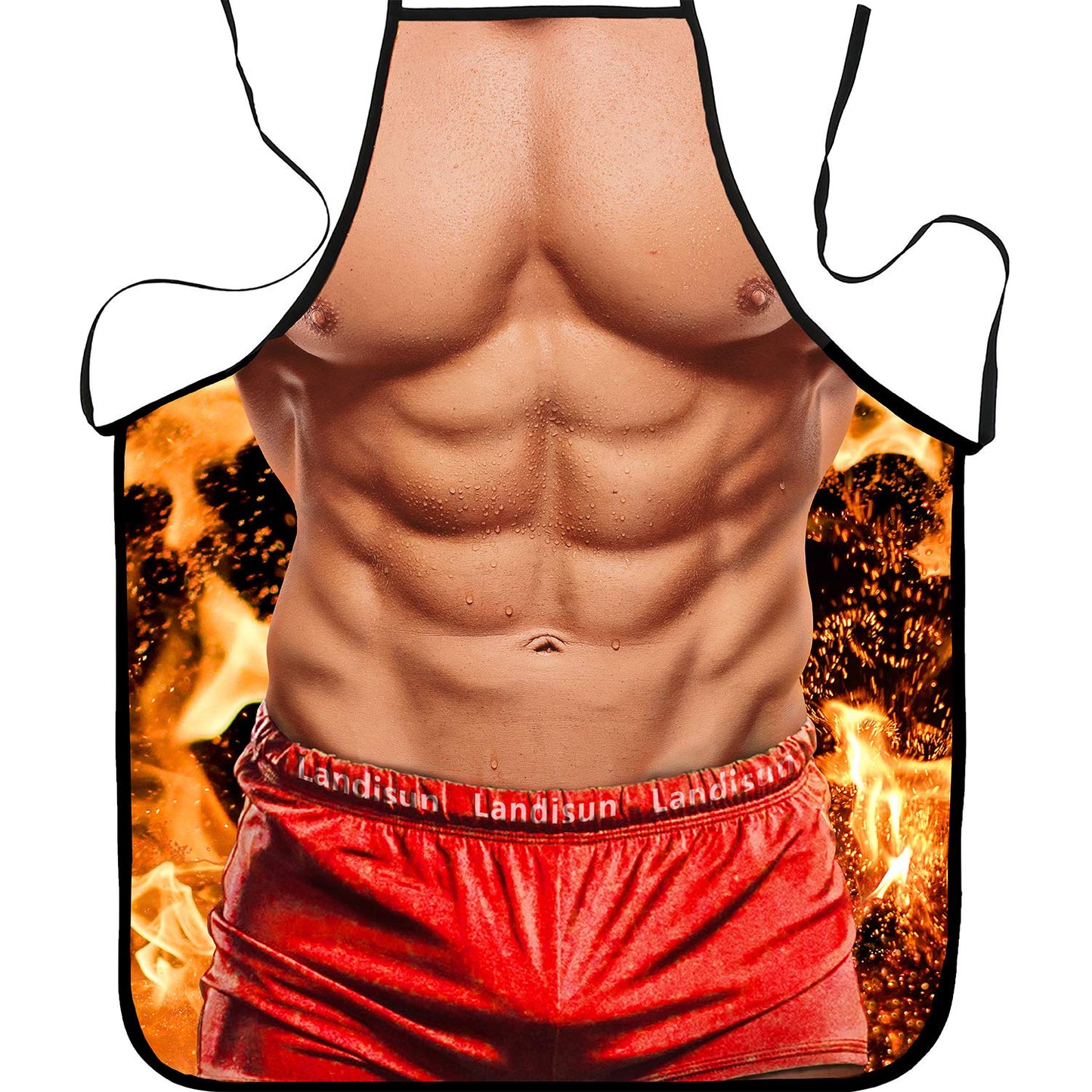 Novelty flame muscle apron with red waistband and black trim