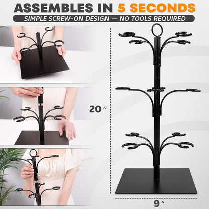 Cocktail tree stand with black metal stem and screw-on arms for quick assembly