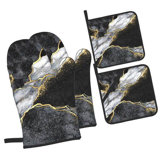 Pair of black oven mitts with white marble pattern and gold crack accents