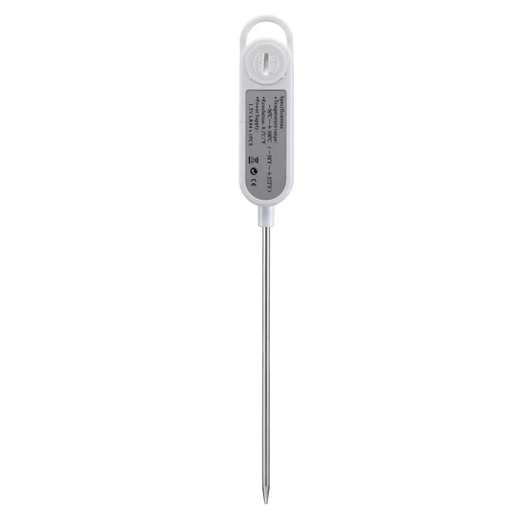 Digital food thermometer with white body and long metal probe