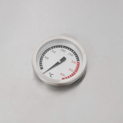 Round temperature gauge for gas grill with °C dial markings and red range
