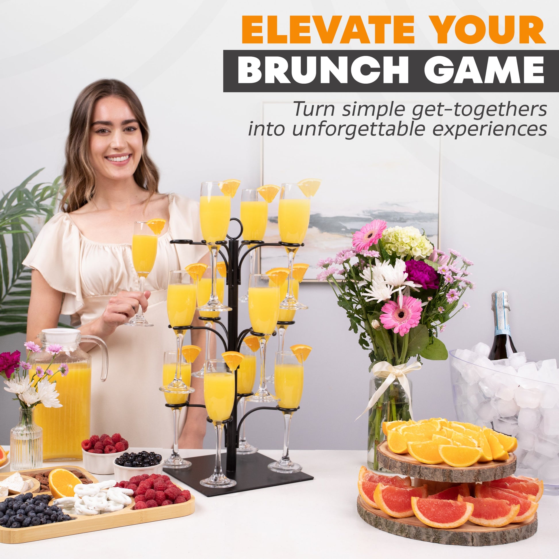 Cocktail tree stand holding multiple clear stem glasses with yellow drinks for brunch service