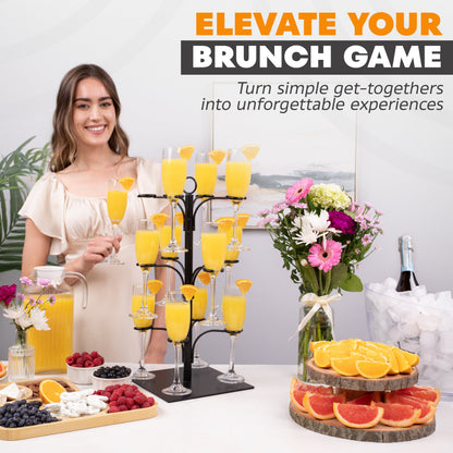 Cocktail tree stand holding multiple clear stem glasses with yellow drinks for brunch service