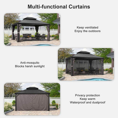 Hardtop gazebo with multi-use curtains, showing privacy and anti-mosquito coverage