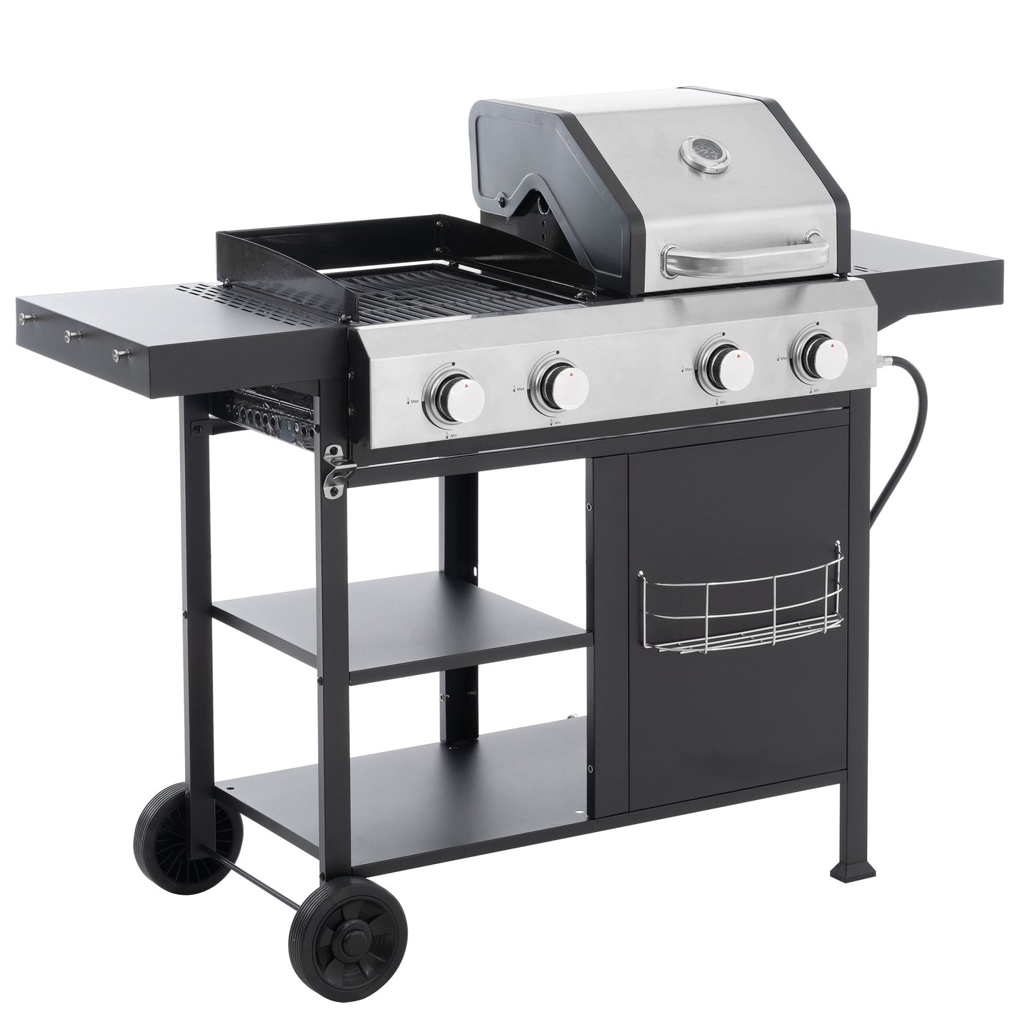 Black and silver gas grill with open hood, burners and side shelves on stand