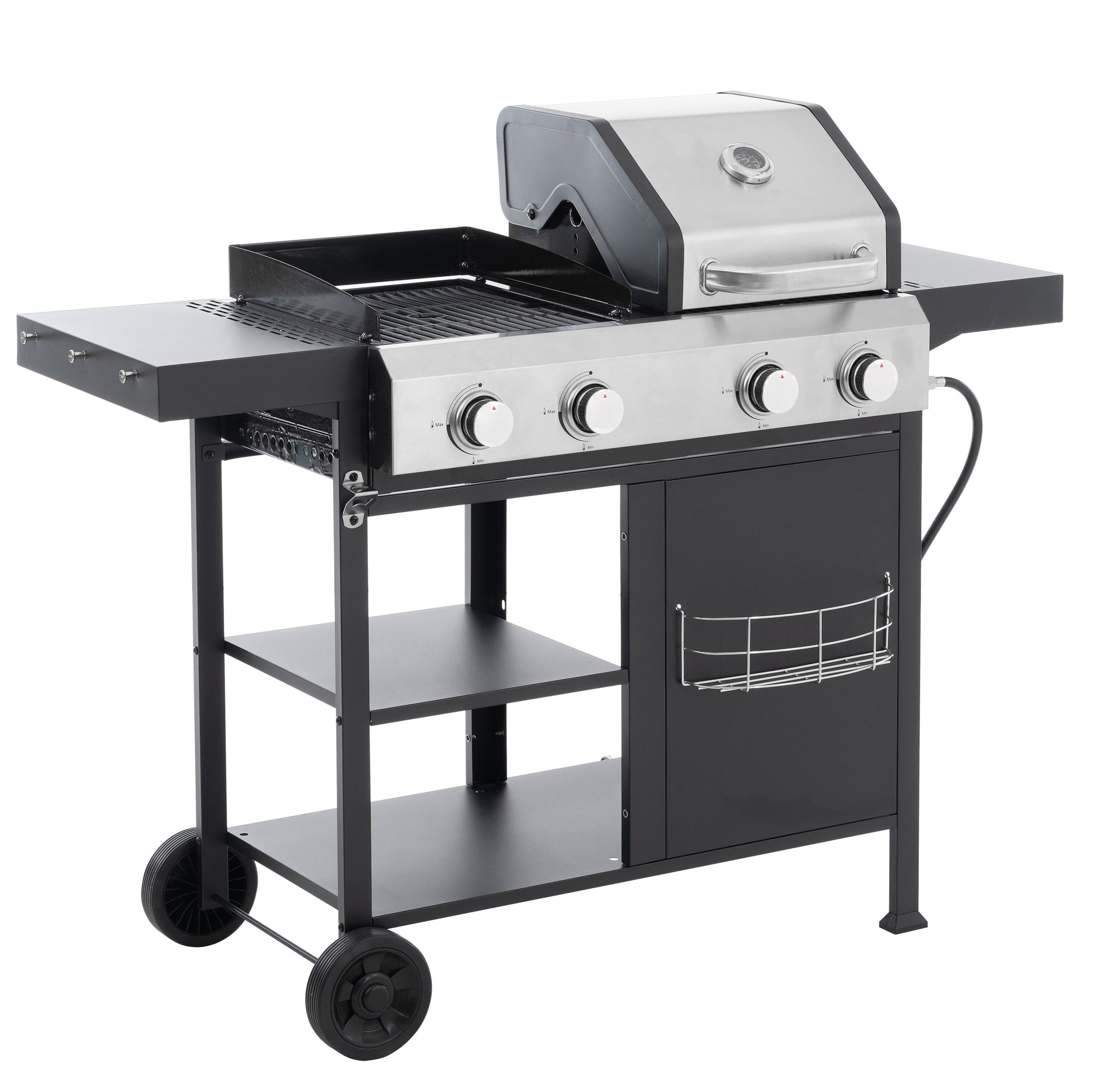 Black and silver gas grill with open hood, burners and side shelves on stand