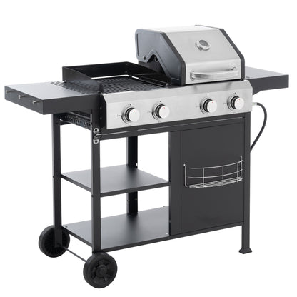 Black and silver gas grill with open hood, burners and side shelves on stand