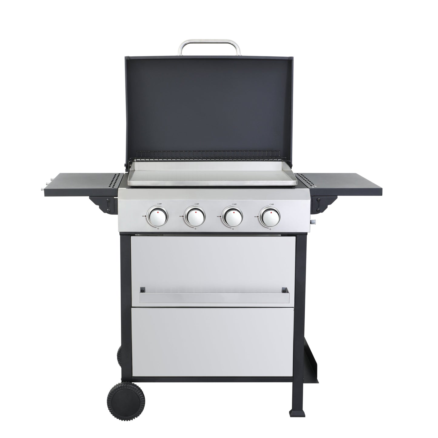 Propane gas BBQ grill with stainless steel plancha, four burner knobs, and storage cabinet