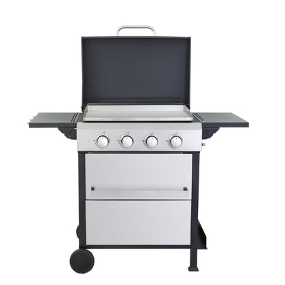 Propane gas BBQ grill with stainless steel plancha, four burner knobs, and storage cabinet