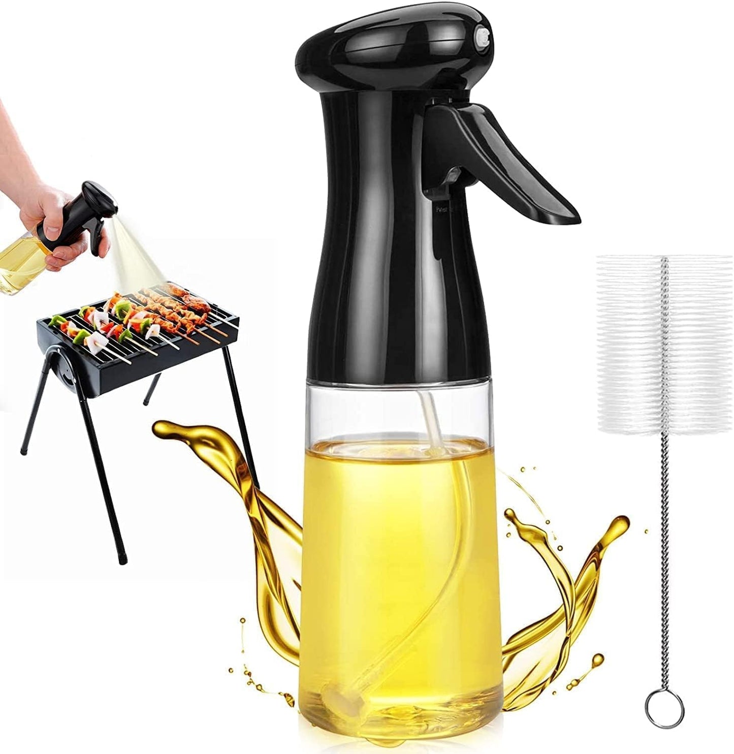 Cooking oil sprayer bottle with olive oil in clear reservoir and black trigger