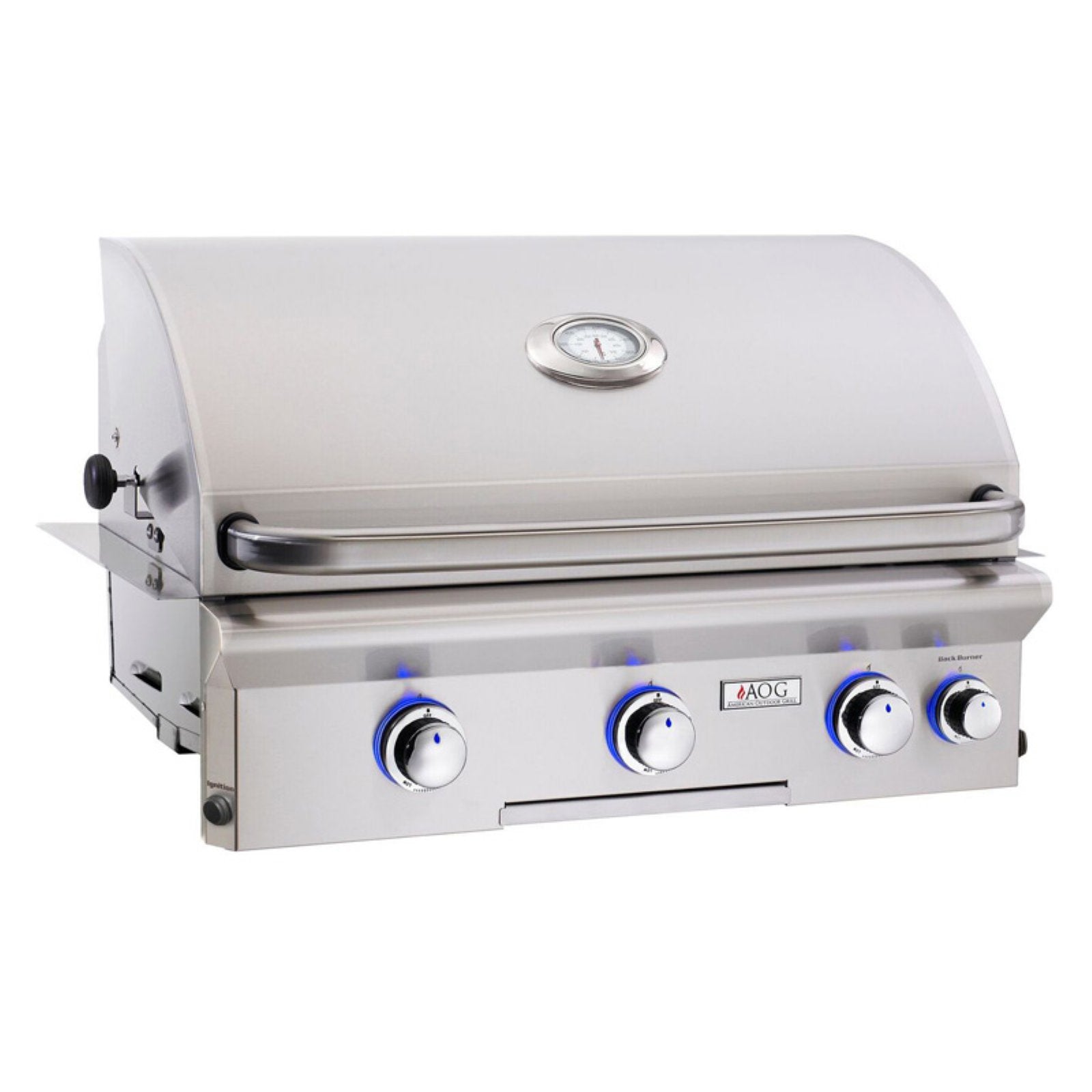Stainless built-in gas grill with lid, thermometer, and four blue control knobs