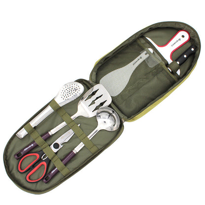 Outdoor BBQ tool set closed in olive green zippered case with stainless utensils inside