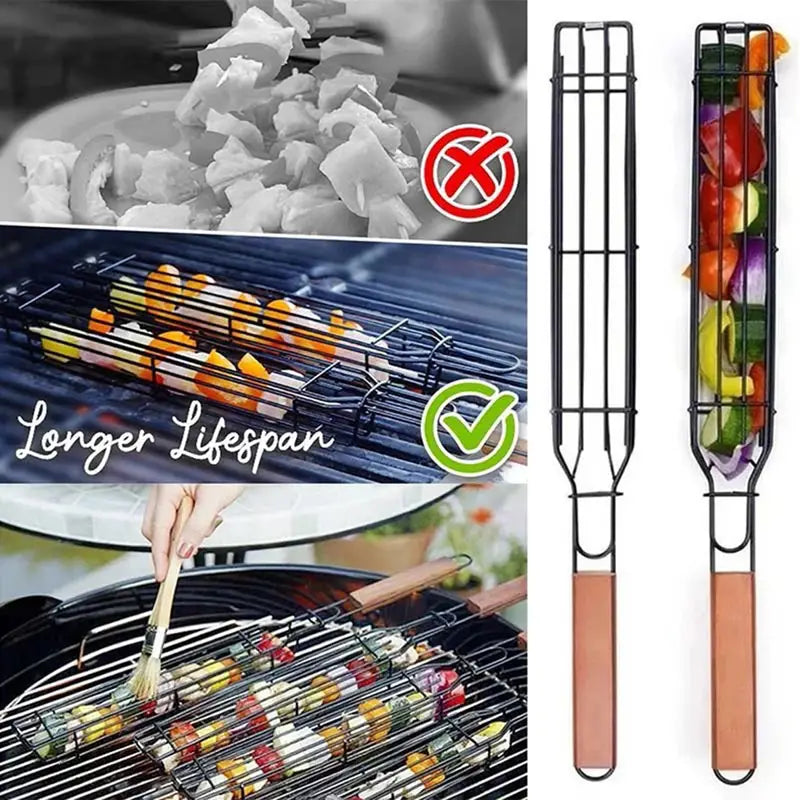 BBQ grilling basket tool with wooden handles and wire cage for kebabs
