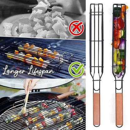 BBQ grilling basket tool with wooden handles and wire cage for kebabs
