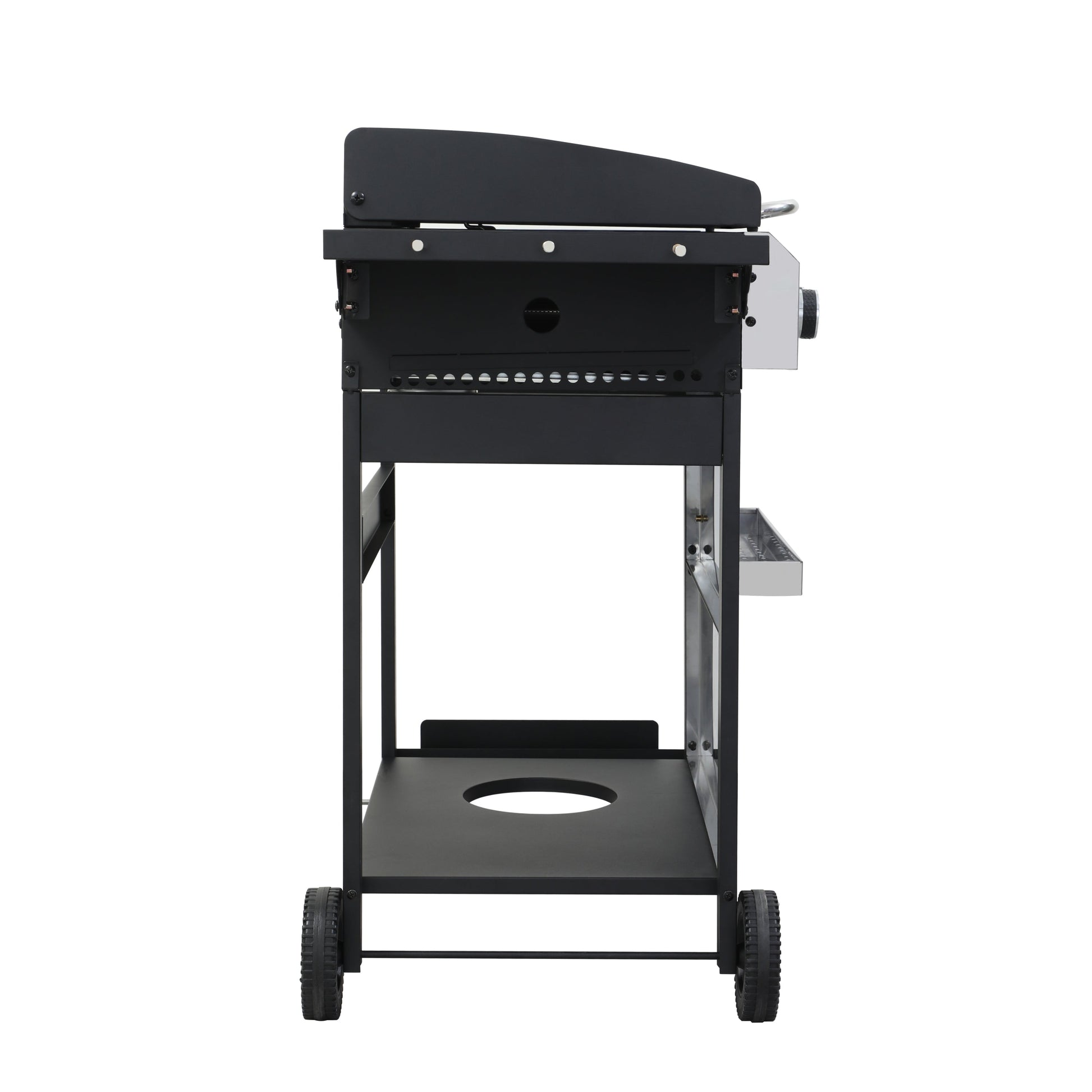 Propane gas BBQ grill rear view with lid, metal body, and side vented panel