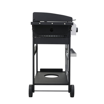 Propane gas BBQ grill rear view with lid, metal body, and side vented panel