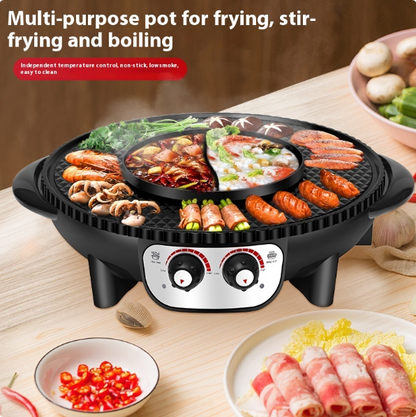 Electric BBQ and hot pot cooker, black base with divided cooking plates and dials
