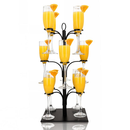 Cocktail tree stand with black metal frame and eight clear stem glasses filled with yellow drinks