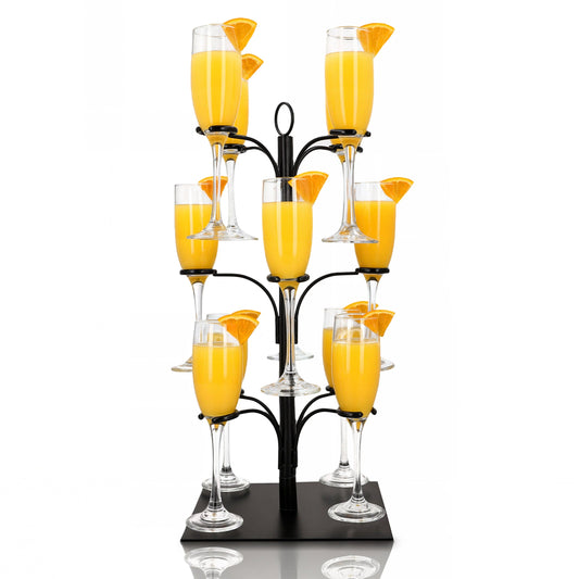 Cocktail tree stand with black metal frame and eight clear stem glasses filled with yellow drinks
