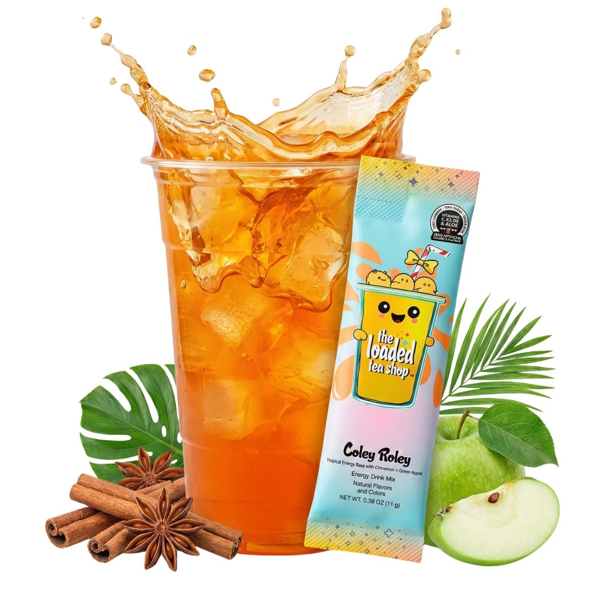 Loaded tea drink cup with splash and Coley Roley energy tea stick packet
