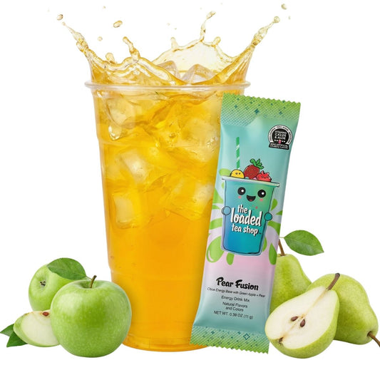 Iced tea cup and pear green apple loaded tea stick packet, golden drink with fruit.