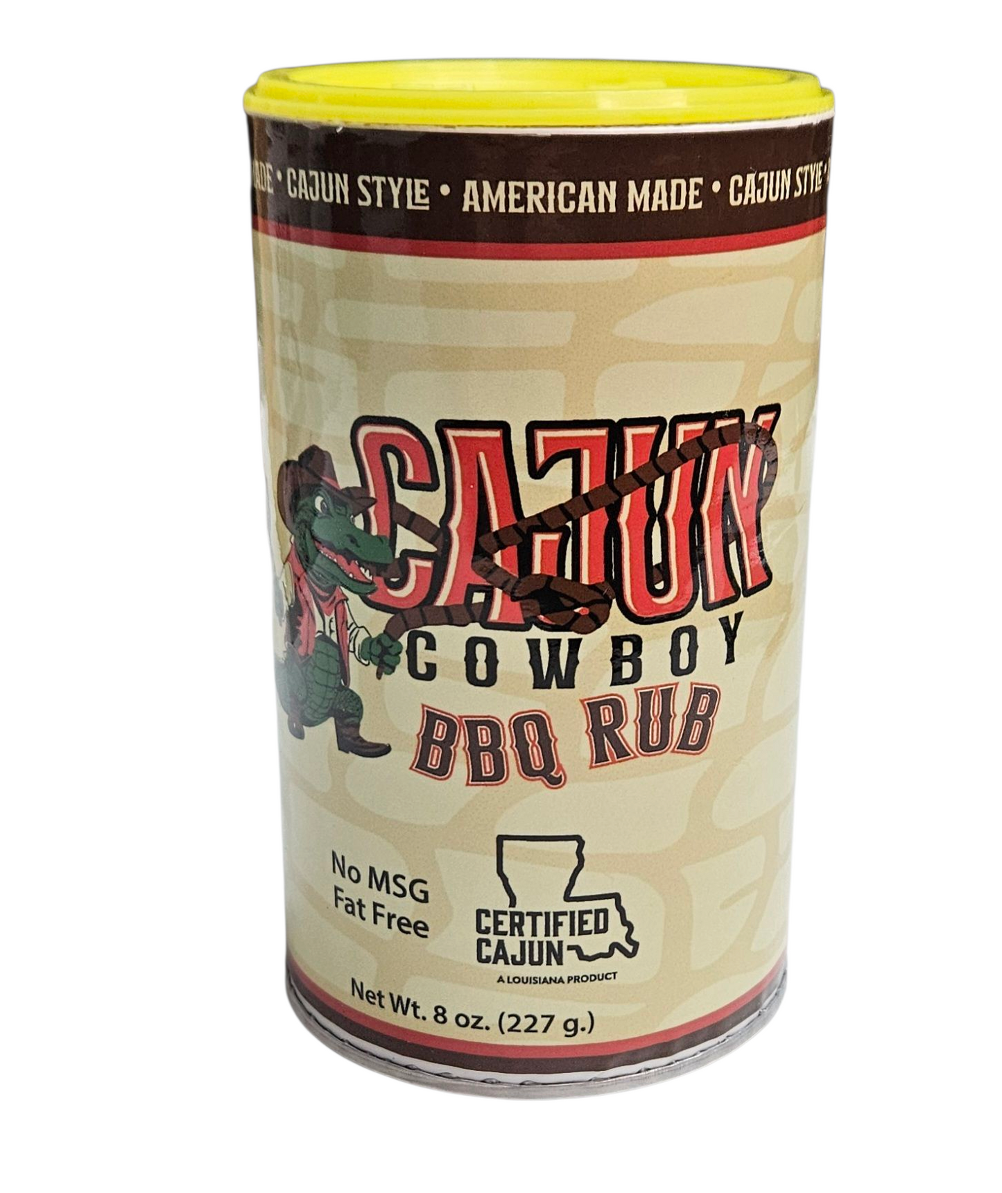 Cajun Style Cajun BBQ Rub seasoning jar with yellow lid and large BBQ Rub label.