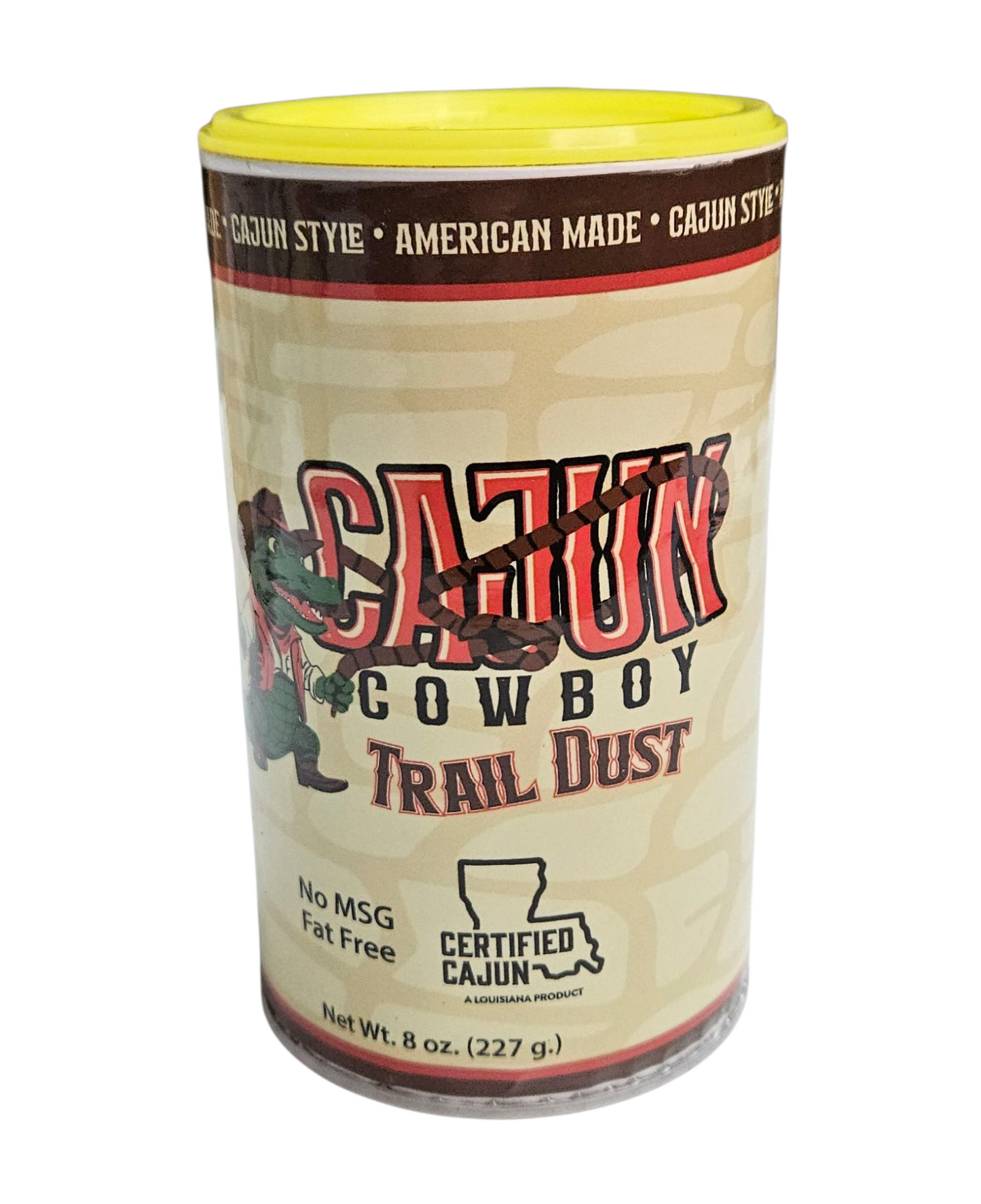 Cajun Style Trail Dust BBQ seasoning jar with yellow lid and label reading Trail Dust.