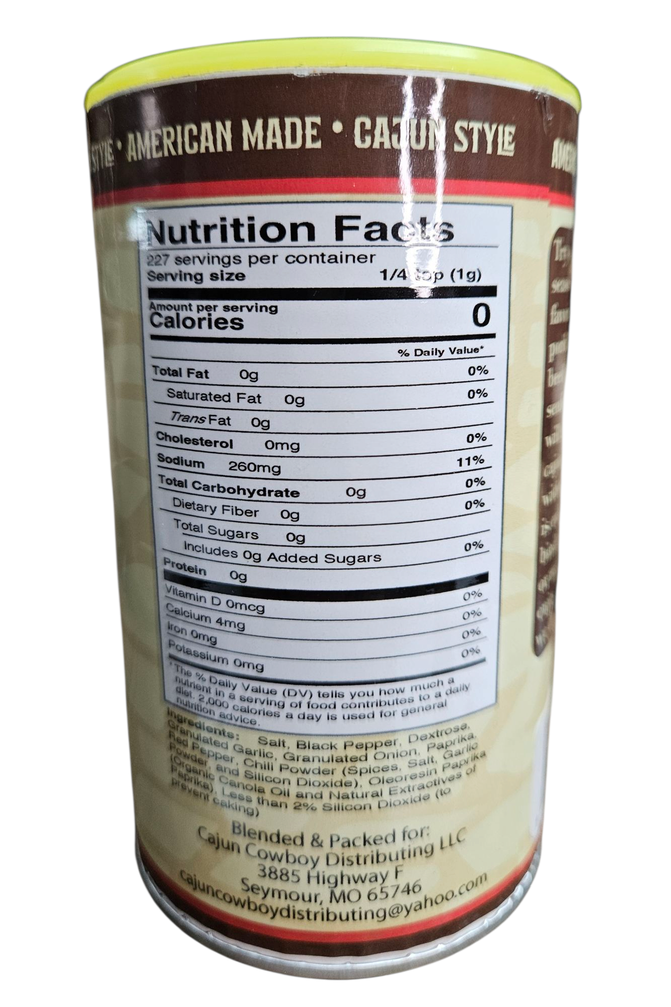 Nutrition Facts panel showing calories 0 and sodium 260mg on BBQ rub can