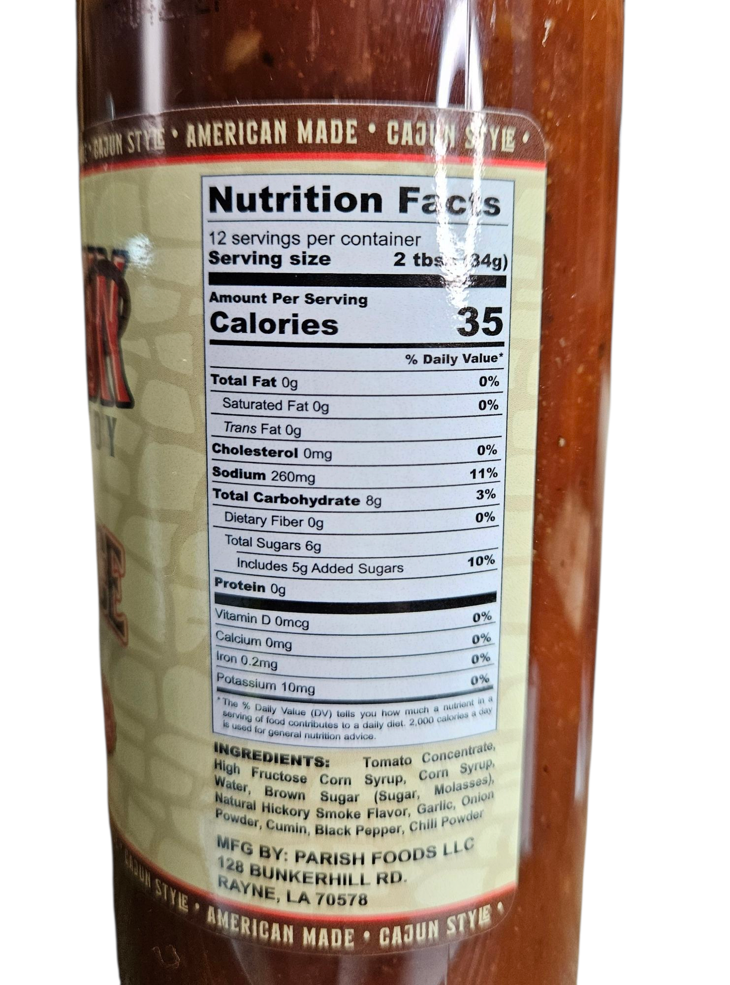 BBQ sauce nutrition facts panel showing calories, fat, carbs, and ingredients