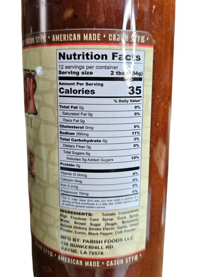 BBQ sauce nutrition facts panel showing calories, fat, carbs, and ingredients