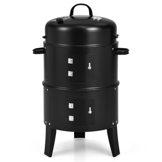 Charcoal grill smoker combo with domed lid and side handles, black finish