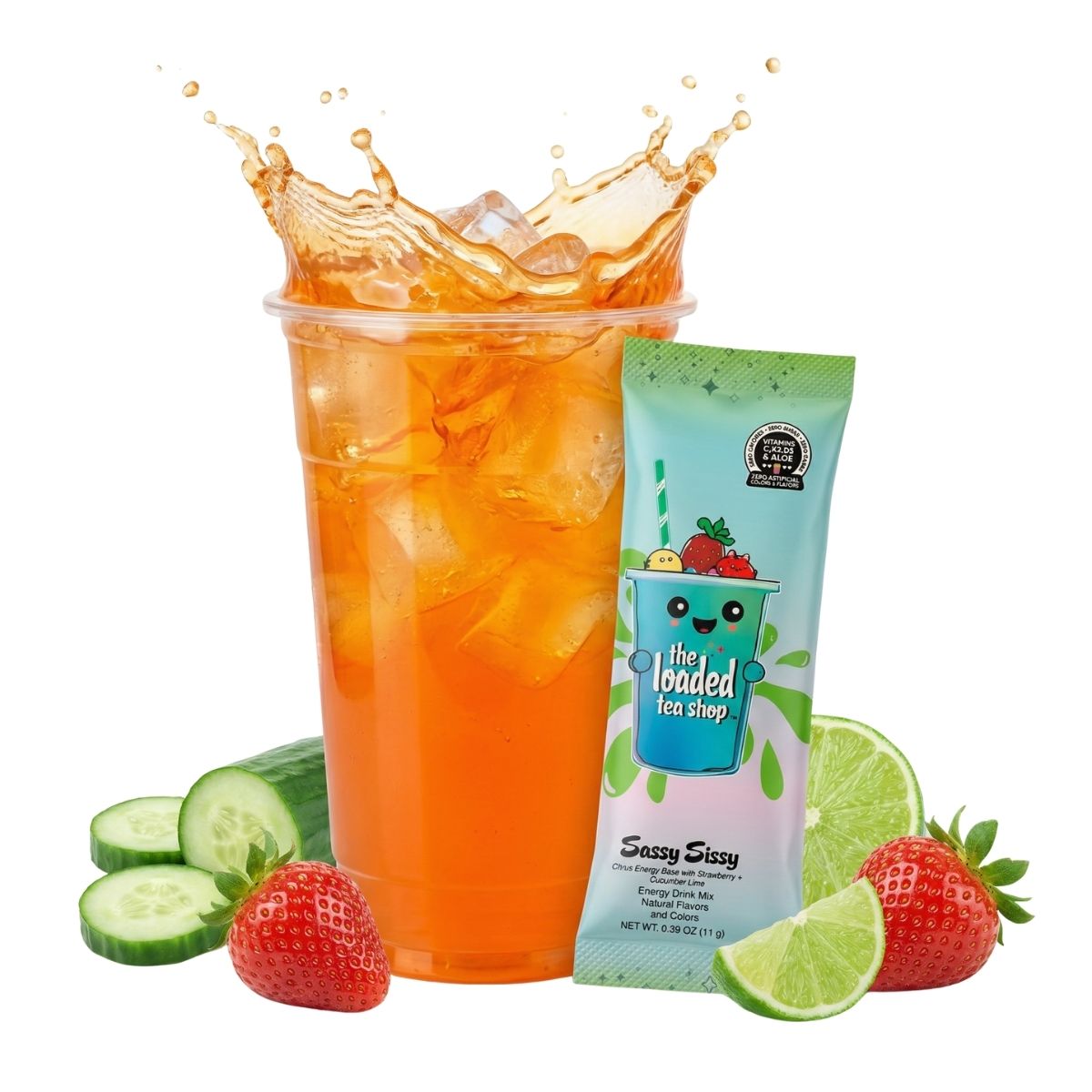Orange loaded tea drink in cup with tea stick packet, lime wedge, strawberries, cucumber