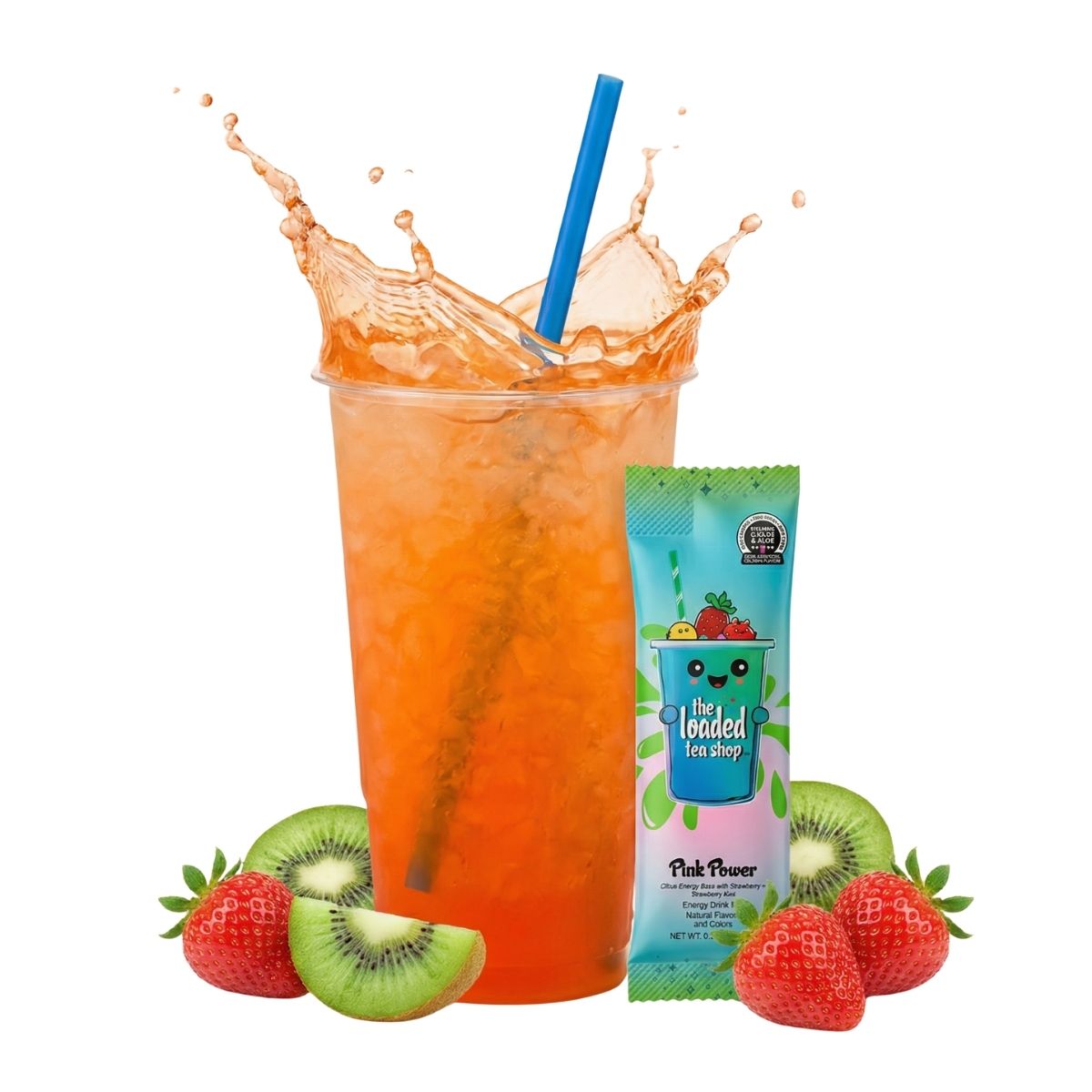 Iced orange loaded tea in a clear cup with blue straw, plus strawberry kiwi tea packet