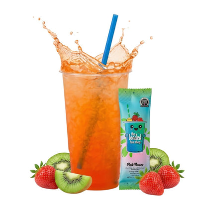 Iced orange loaded tea in a clear cup with blue straw, plus strawberry kiwi tea packet