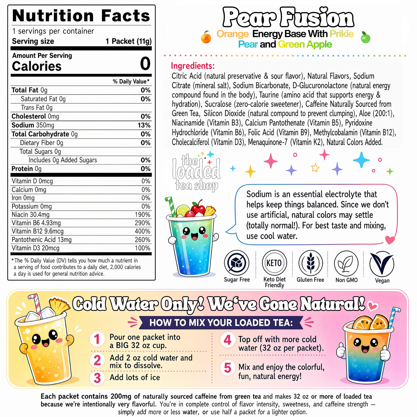 Pear Fusion tea nutrition facts panel with ingredients list and mixing instructions.