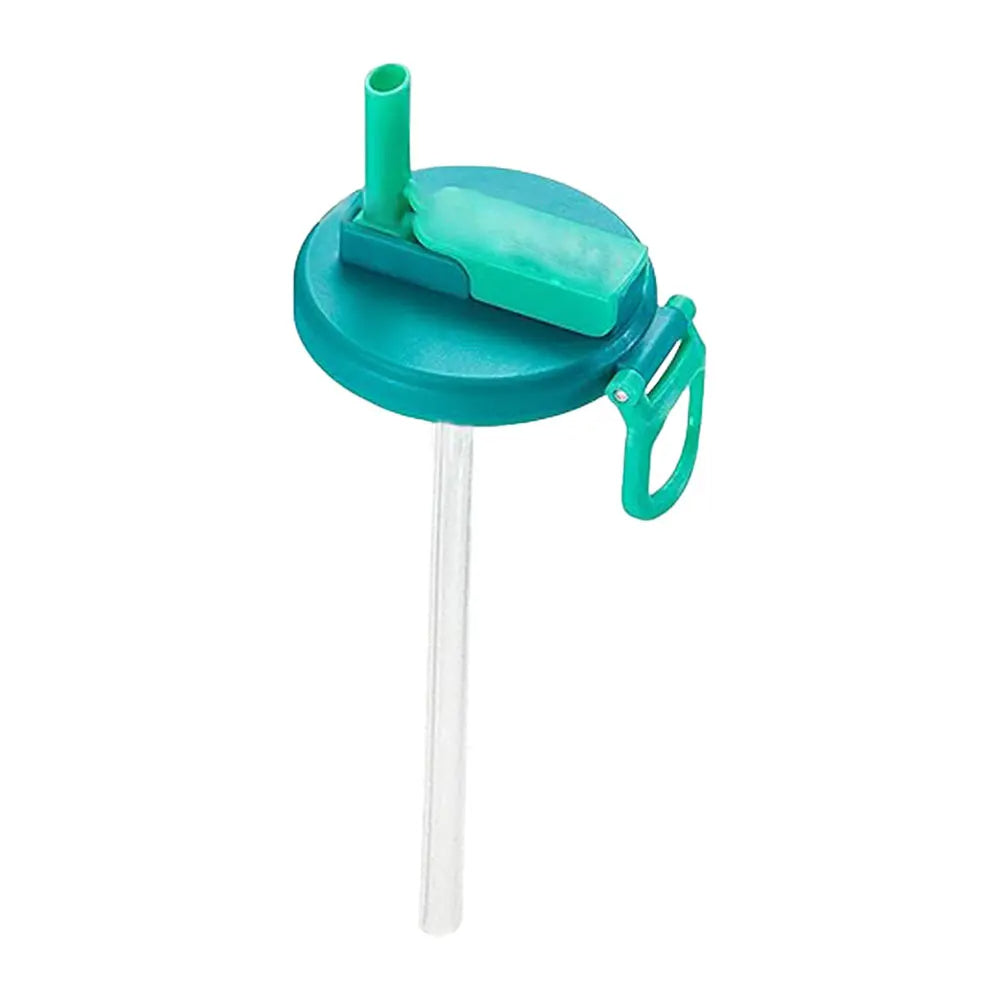 Reusable can cover with silicone straw, teal round lid with green top and clear tube straw