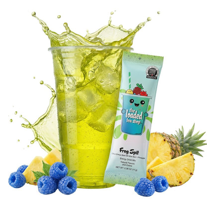 Loaded tea drink in a clear cup with ice and a teal tea stick packet beside it