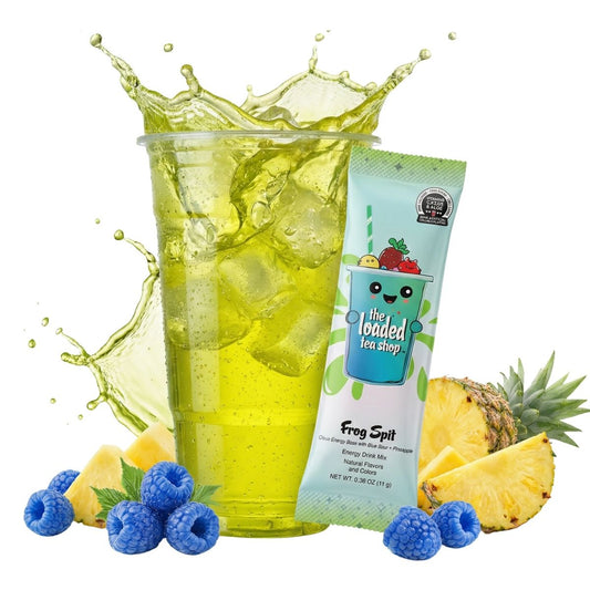 Loaded tea drink in a clear cup with ice and a teal tea stick packet beside it