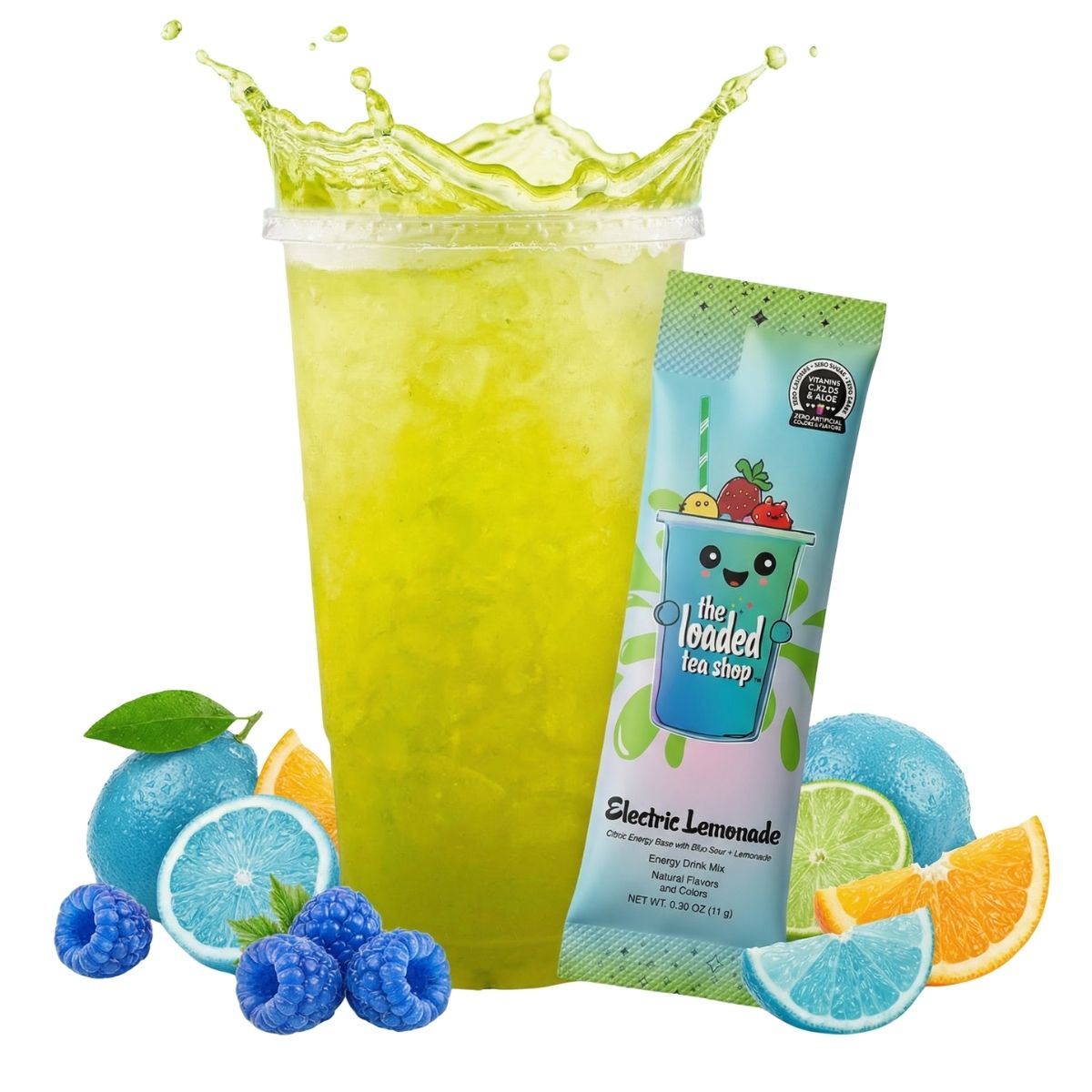 Loaded tea drink mix in tall green cup with lemonade flavor packet
