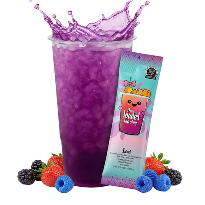 Purple iced tea cup with splash and Loaded tea stick packet, rainbow mix